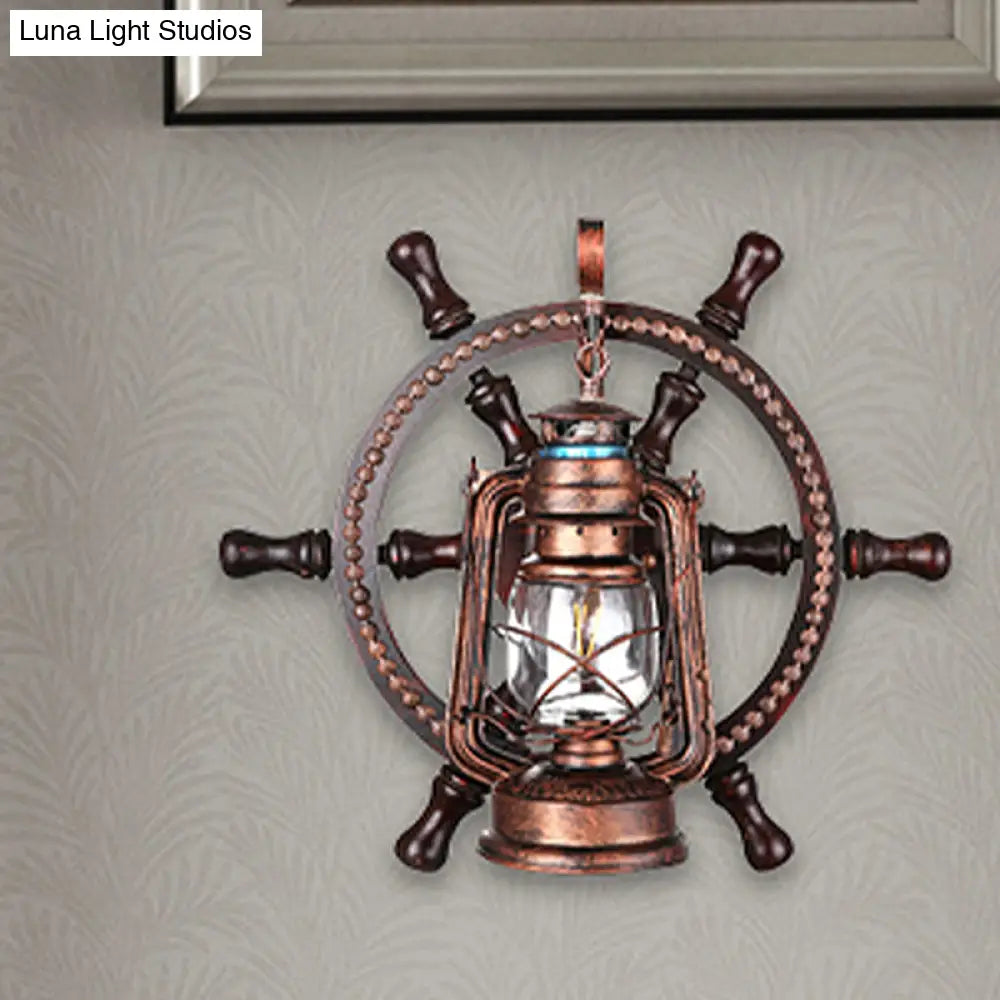 Coastal Clear Glass Kerosene Wall Sconce: Weathered Copper Bedroom Light Fixture with Wheel