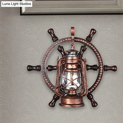 Coastal Clear Glass Kerosene Wall Sconce: Weathered Copper Bedroom Light Fixture with Wheel
