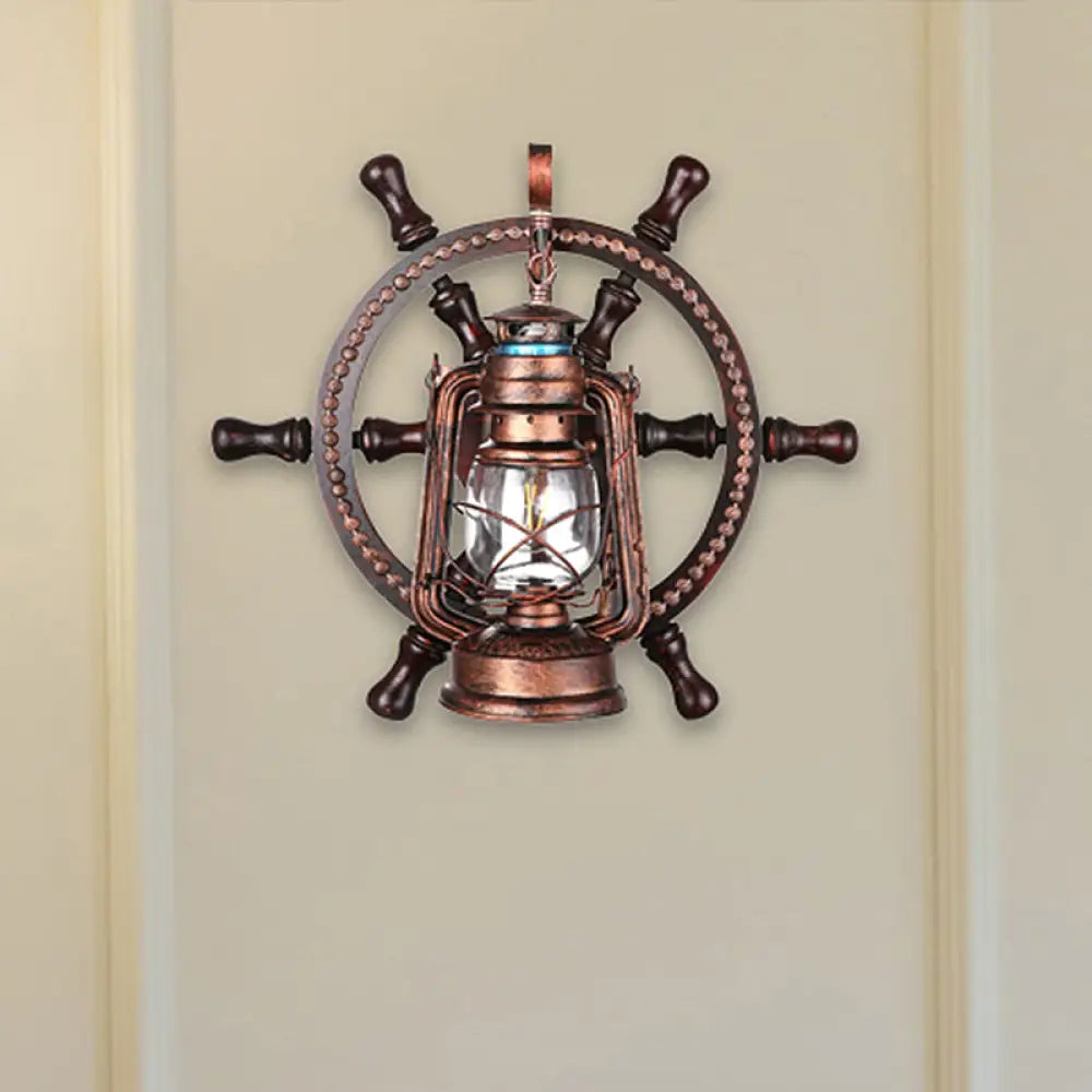 Coastal Clear Glass Kerosene Wall Sconce: Weathered Copper Bedroom Light Fixture with Wheel