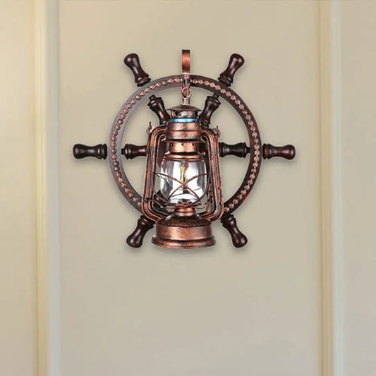 Coastal Clear Glass Kerosene Wall Sconce: Weathered Copper Bedroom Light Fixture with Wheel