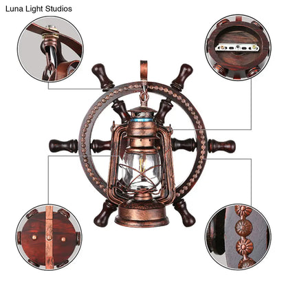 Coastal Clear Glass Kerosene Wall Sconce: Weathered Copper Bedroom Light Fixture with Wheel