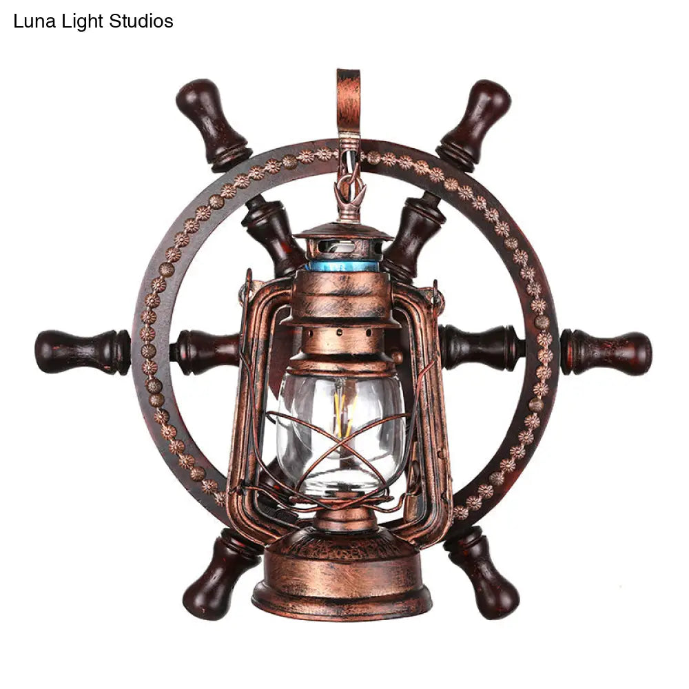Coastal Clear Glass Kerosene Wall Sconce: Weathered Copper Bedroom Light Fixture with Wheel