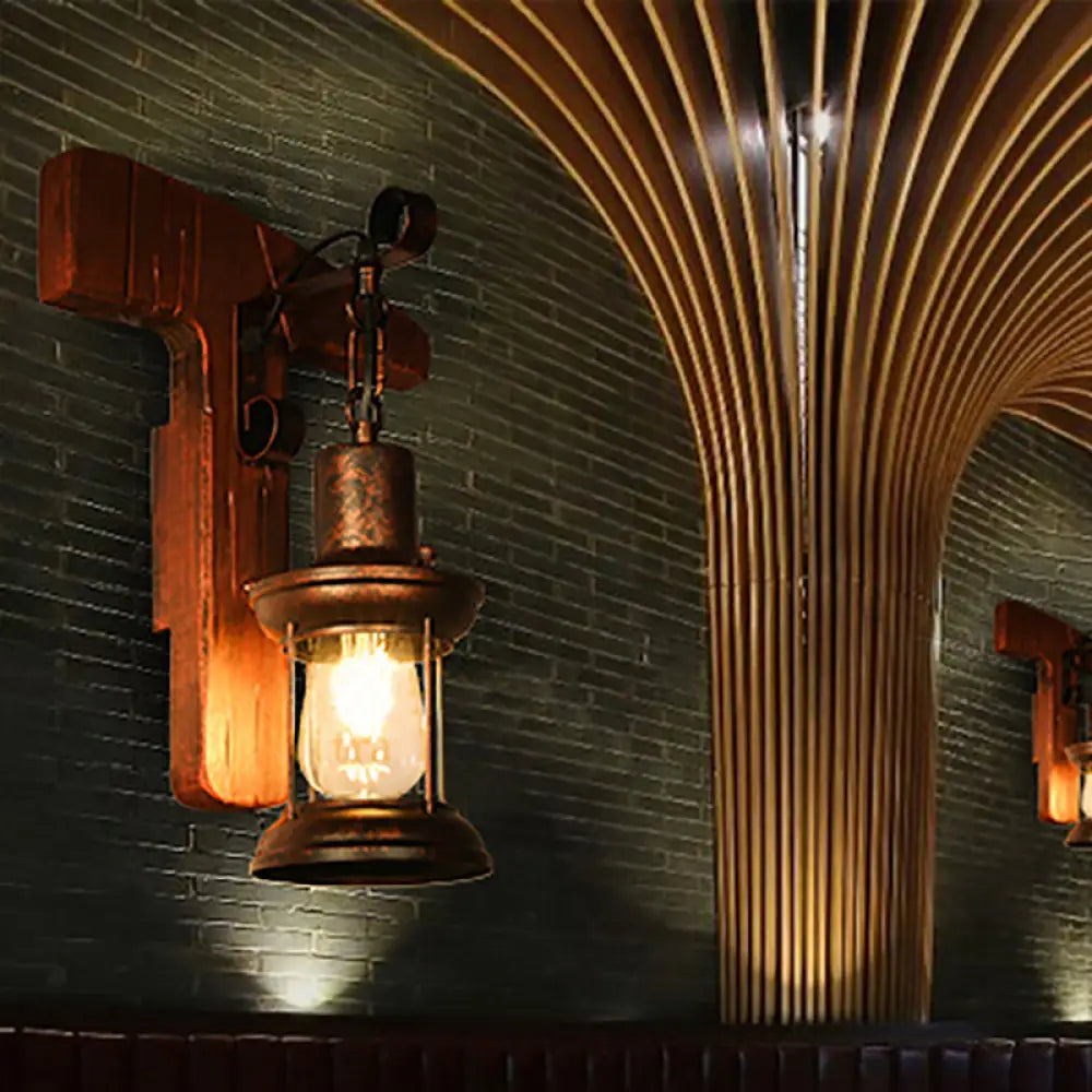 Coastal Clear Glass Lantern Sconce Light with Wooden Backplate - Rustic One-Light Fixture