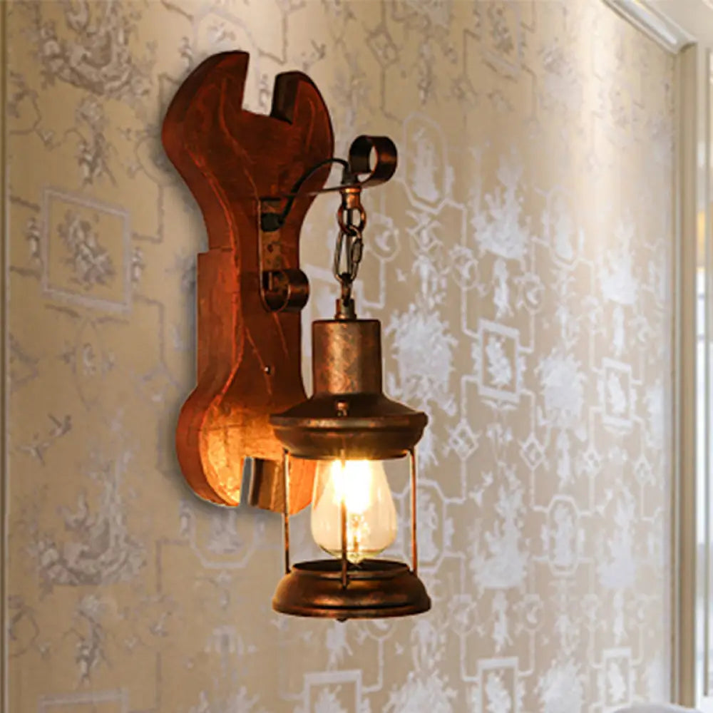 Coastal Clear Glass Lantern Sconce Light with Wooden Backplate - Rustic One-Light Fixture