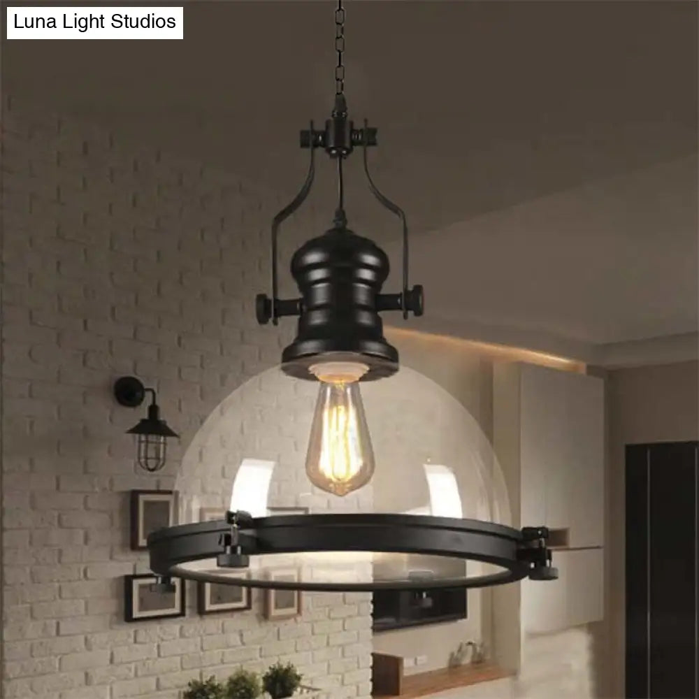 Coastal Clear Glass Single-Bulb Pendant Ceiling Light - Black Dome Design for Dining Room