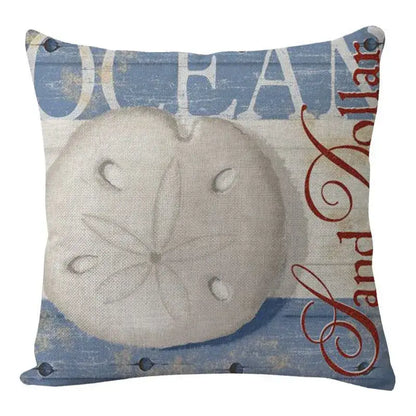 Beige sand dollar printed on blue and beige distressed fabric pillow from decorbites coastal cushion cover set for living room decor