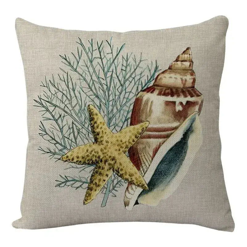 Beige linen throw pillow with yellow starfish brown seashell and green seaweed design in decorbites coastal cushion set