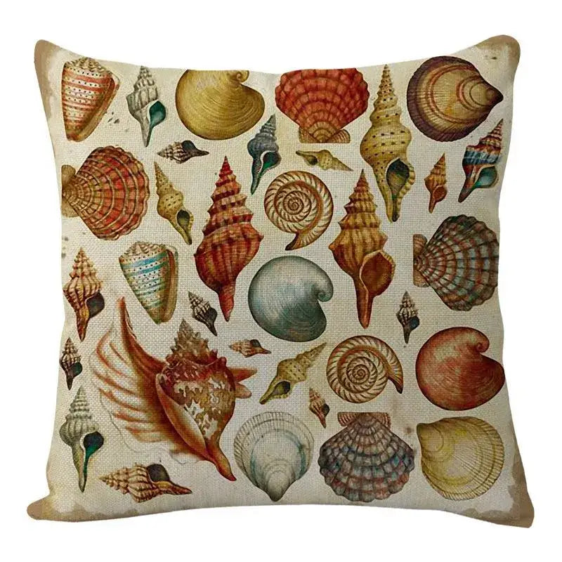 Beige linen throw pillow with vintage seashell print in rust ochre and muted teal from decorbites coastal cushion cover set