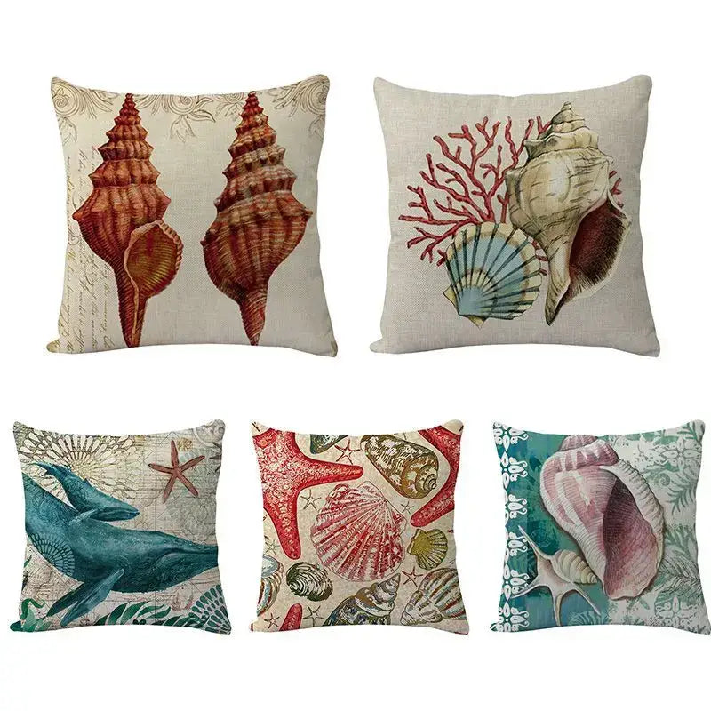 Set of four square decorbites coastal cushion covers with vintage sea life prints on textured neutral fabric
