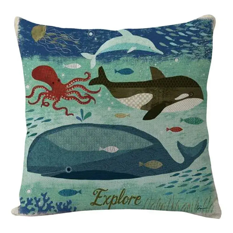Square coastal cushion cover from decorbites featuring vibrant teal underwater scene with octopus and whales for living room decor
