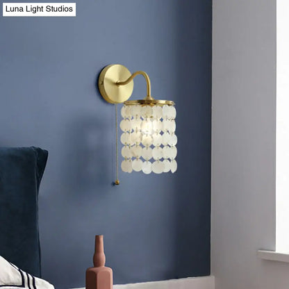 Coastal Gold Natural Shell Wall Mounted Light with Pull Chain - Single-Bulb Disc Wall Lighting