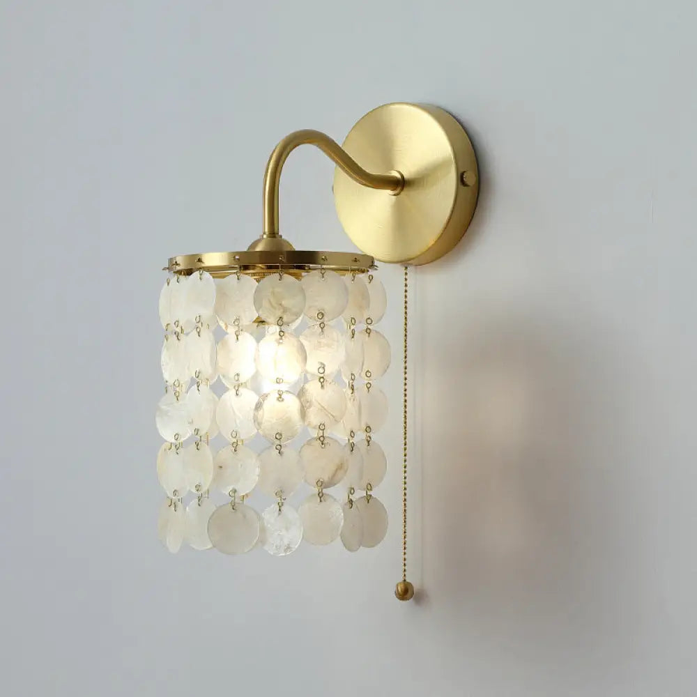 Coastal Gold Natural Shell Wall Mounted Light with Pull Chain - Single-Bulb Disc Wall Lighting