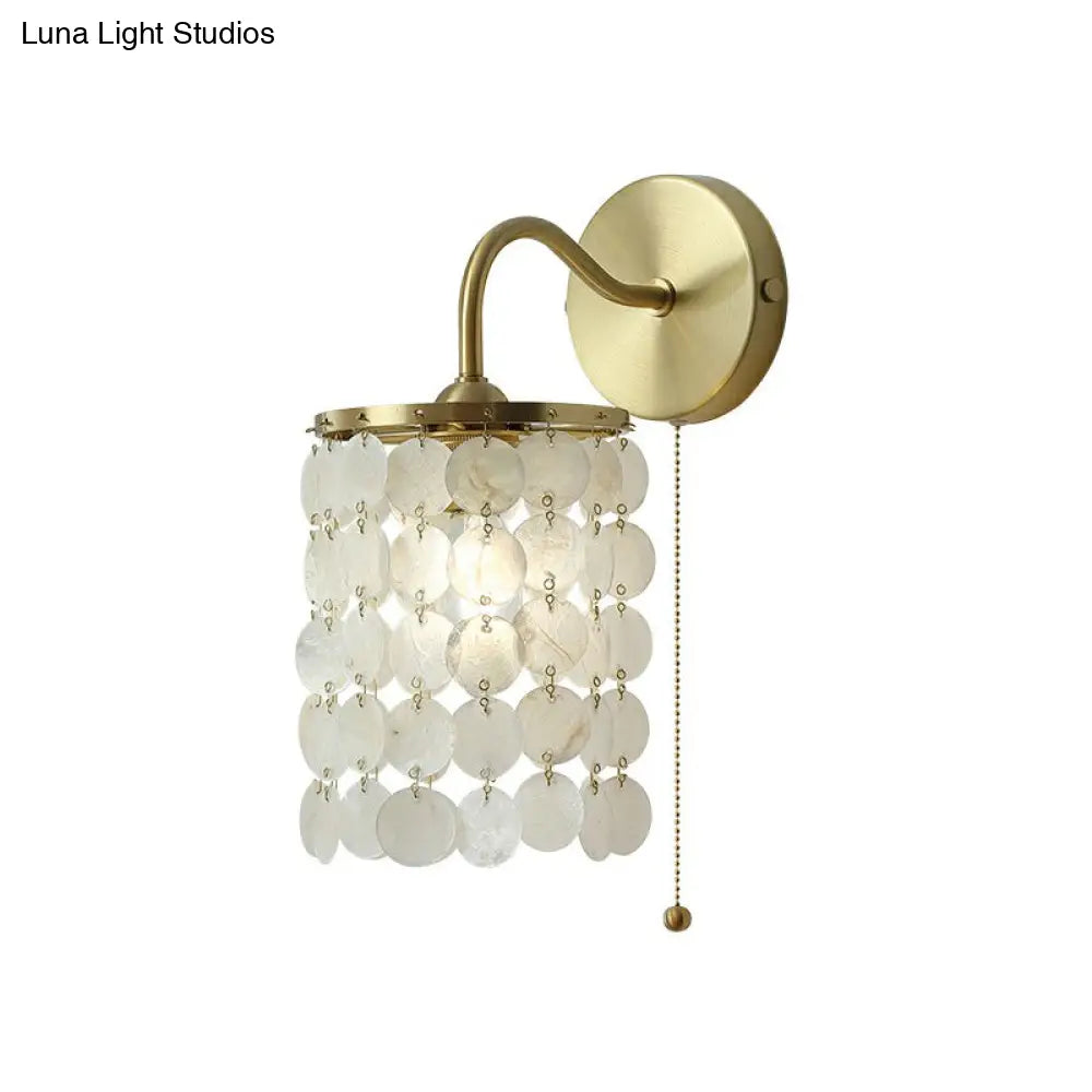 Coastal Gold Natural Shell Wall Mounted Light with Pull Chain - Single-Bulb Disc Wall Lighting