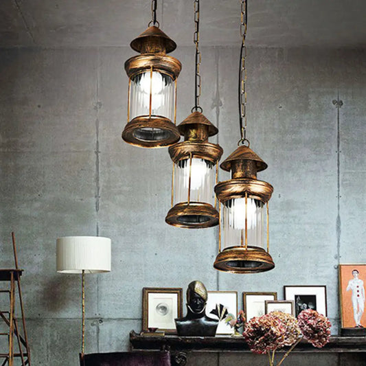 Coastal Kerosene 3-Head Pendant Lamp in Brass with Clear Ribbed Glass Shade