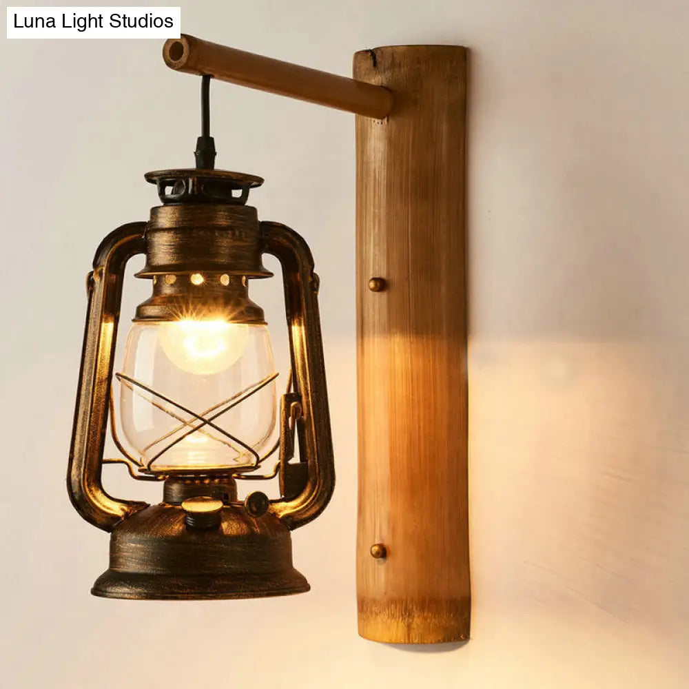 DecorBites™ Coastal Lantern 1-Head Wall Light Sconce with Clear Glass and Bamboo Backplate