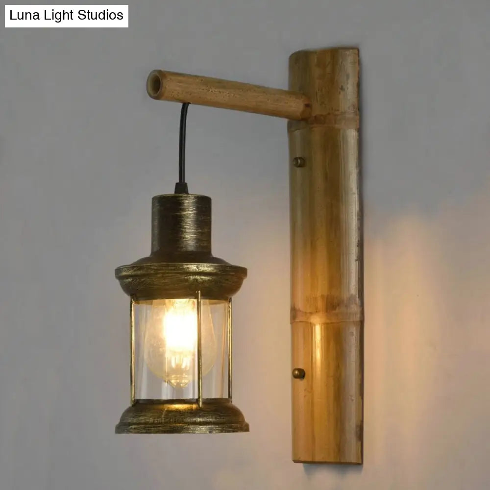 DecorBites™ Coastal Lantern 1-Head Wall Light Sconce with Clear Glass and Bamboo Backplate