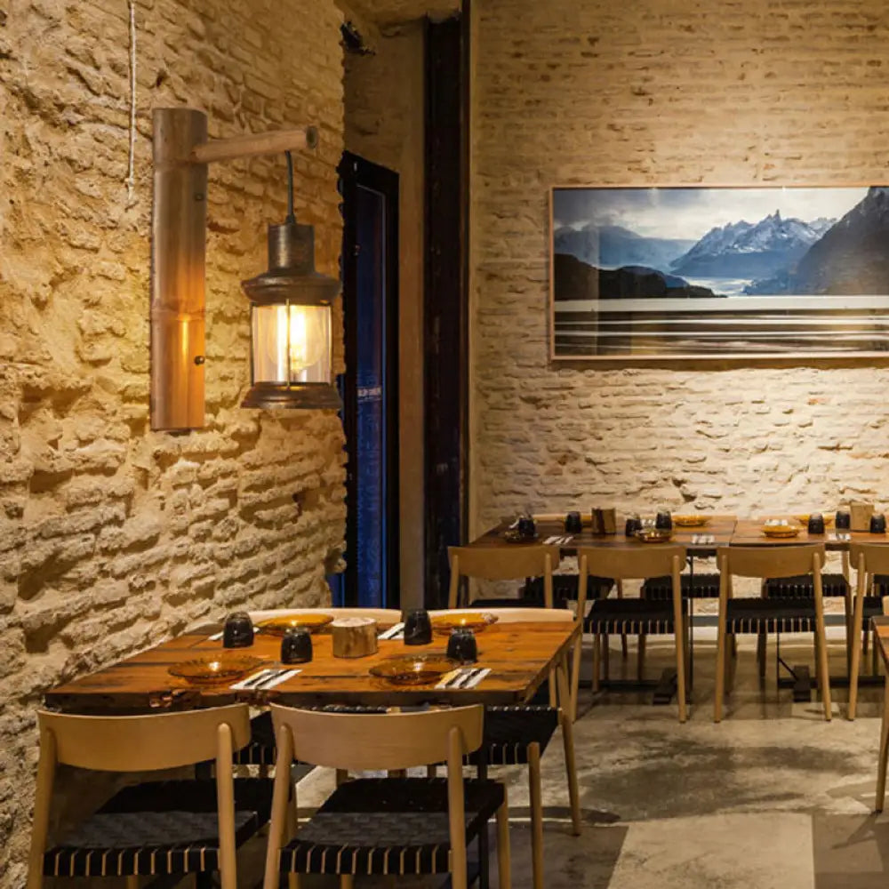 DecorBites™ Coastal Lantern 1-Head Wall Light Sconce with Clear Glass and Bamboo Backplate