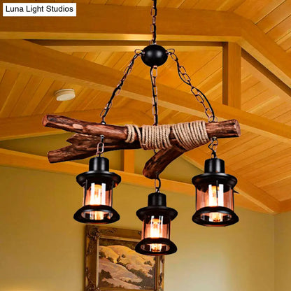 Coastal Lantern Chandelier with Clear Glass, 3 Lights, Black Finish, Chain & Wood