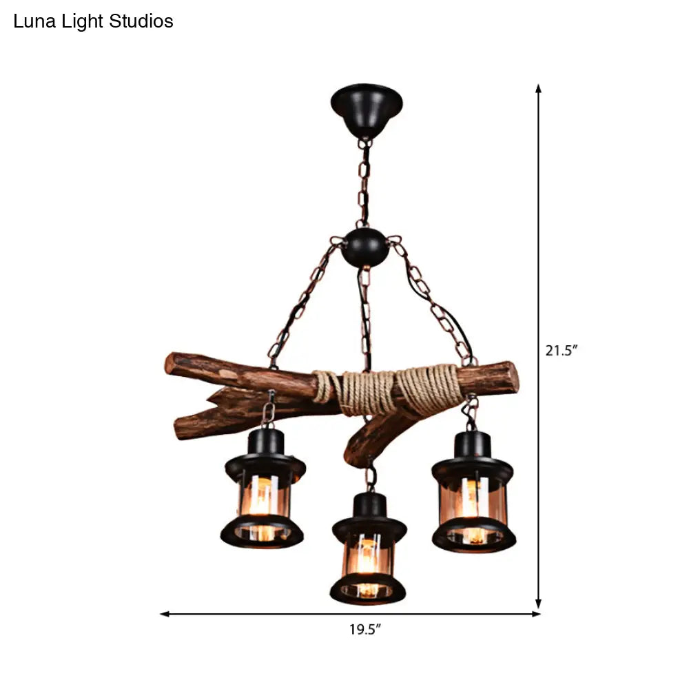 Coastal Lantern Chandelier with Clear Glass, 3 Lights, Black Finish, Chain & Wood
