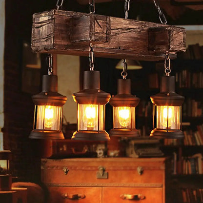 DecorBites™ Coastal Lantern Clear Glass Pendant 4-Light Island Light Fixture in Brown with Wood Accents
