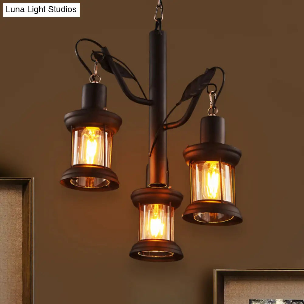 Coastal Lantern Pendant Chandelier - 3-Light Ceiling Fixture with Clear Glass in Black