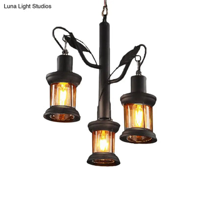 Coastal Lantern Pendant Chandelier - 3-Light Ceiling Fixture with Clear Glass in Black