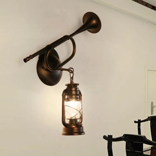 Coastal Lantern Wall Sconce Light in Bronze with Clear Glass and Trumpet Design