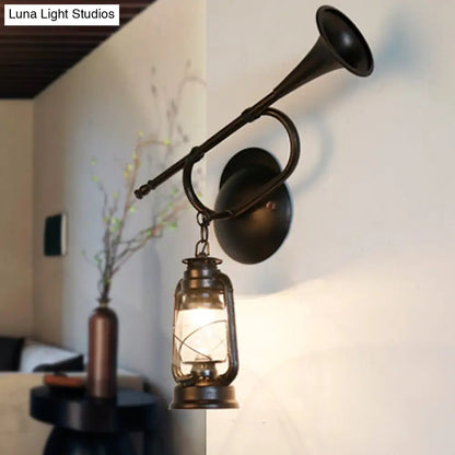 Coastal Lantern Wall Sconce Light in Bronze with Clear Glass and Trumpet Design