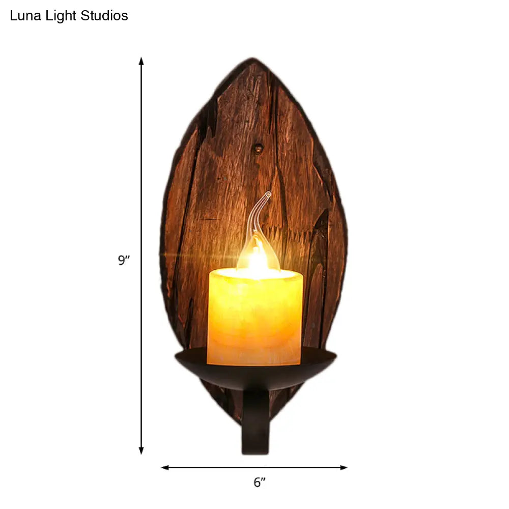 Coastal Marble Cylinder Coffee Shop Wall Light Fixture - 1 Light Brown Sconce Lamp with Wooden Base