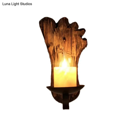 Coastal Marble Cylinder Coffee Shop Wall Light Fixture - 1 Light Brown Sconce Lamp with Wooden Base