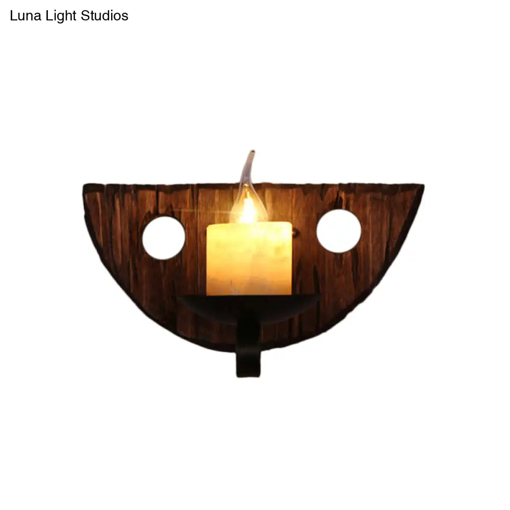 Coastal Marble Cylinder Coffee Shop Wall Light Fixture - 1 Light Brown Sconce Lamp with Wooden Base