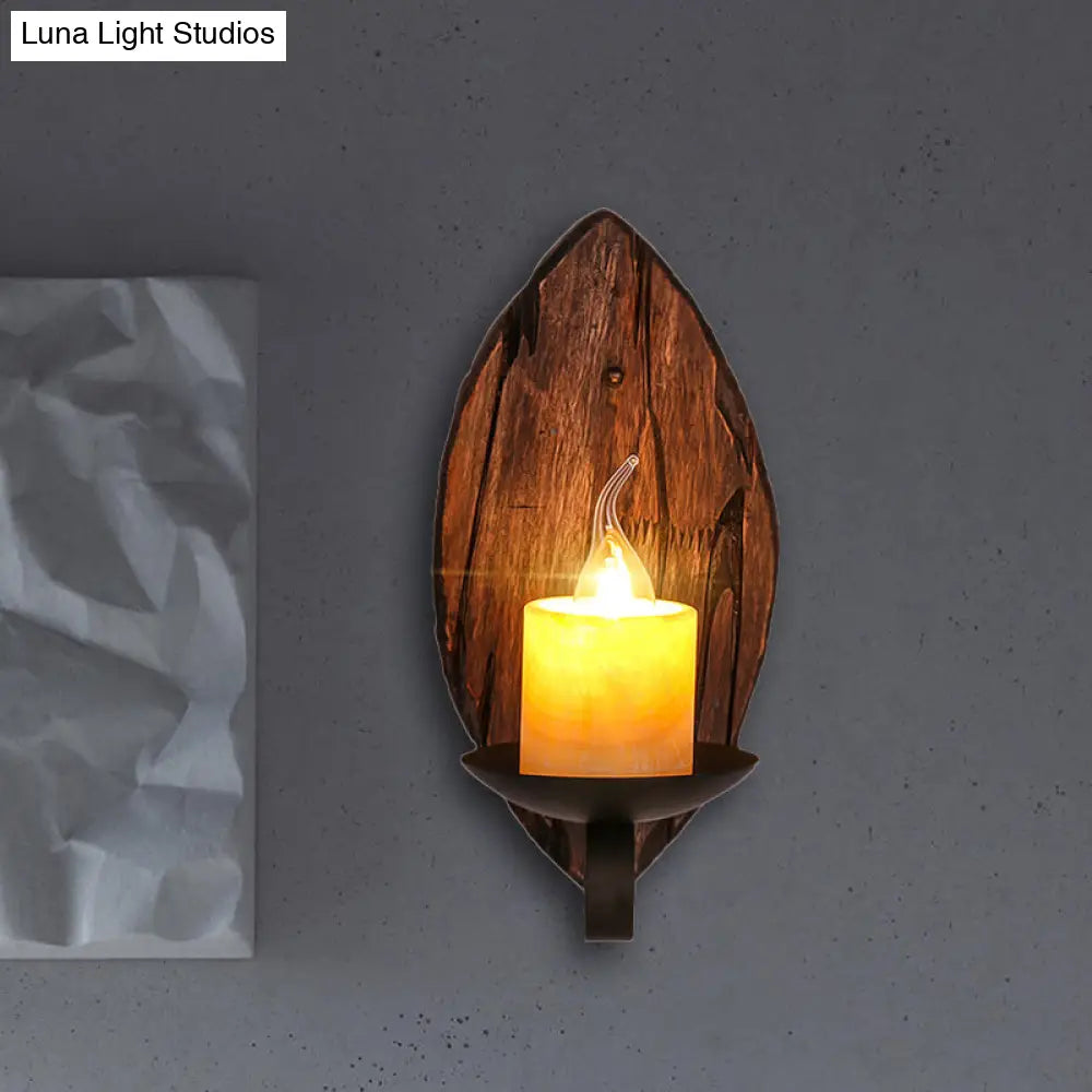 Coastal Marble Cylinder Coffee Shop Wall Light Fixture - 1 Light Brown Sconce Lamp with Wooden Base