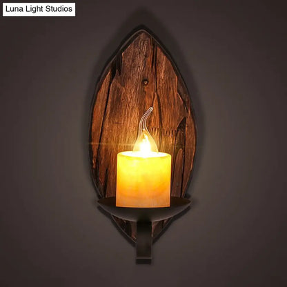 Coastal Marble Cylinder Coffee Shop Wall Light Fixture - 1 Light Brown Sconce Lamp with Wooden Base