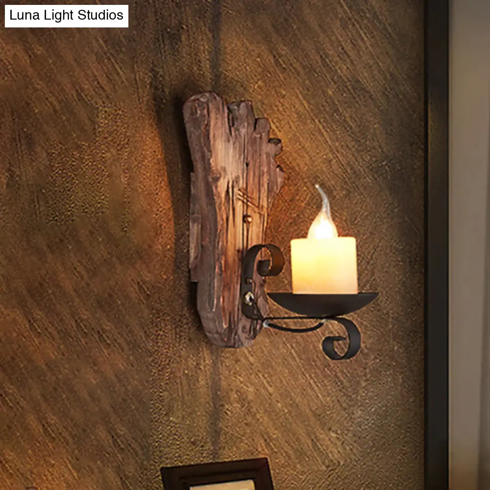 Coastal Marble Cylinder Coffee Shop Wall Light Fixture - 1 Light Brown Sconce Lamp with Wooden Base