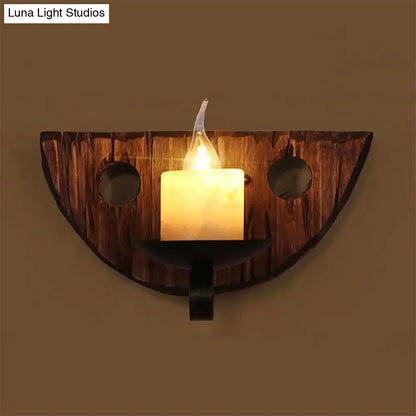 Coastal Marble Cylinder Coffee Shop Wall Light Fixture - 1 Light Brown Sconce Lamp with Wooden Base