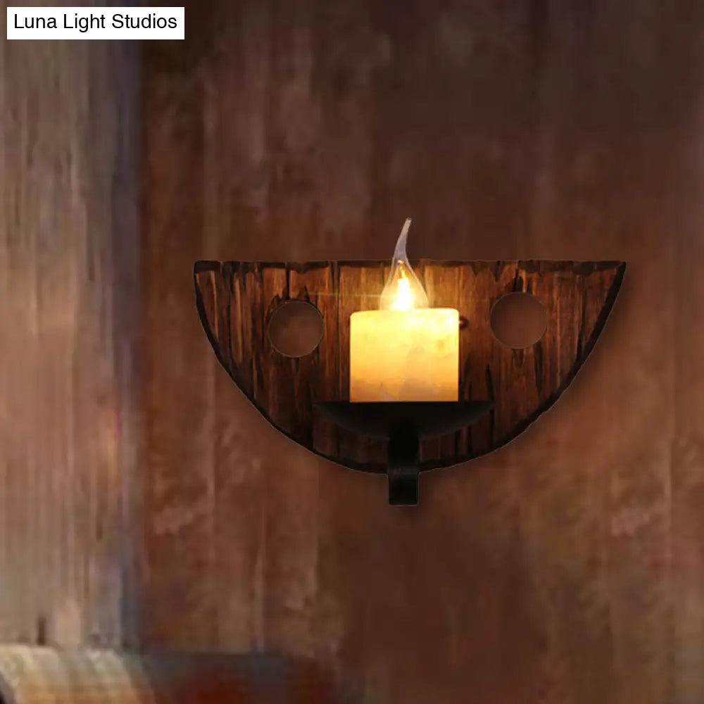 Coastal Marble Cylinder Coffee Shop Wall Light Fixture - 1 Light Brown Sconce Lamp with Wooden Base