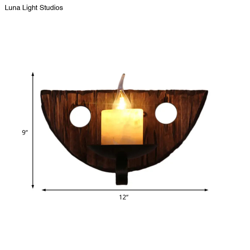 Coastal Marble Cylinder Coffee Shop Wall Light Fixture - 1 Light Brown Sconce Lamp with Wooden Base