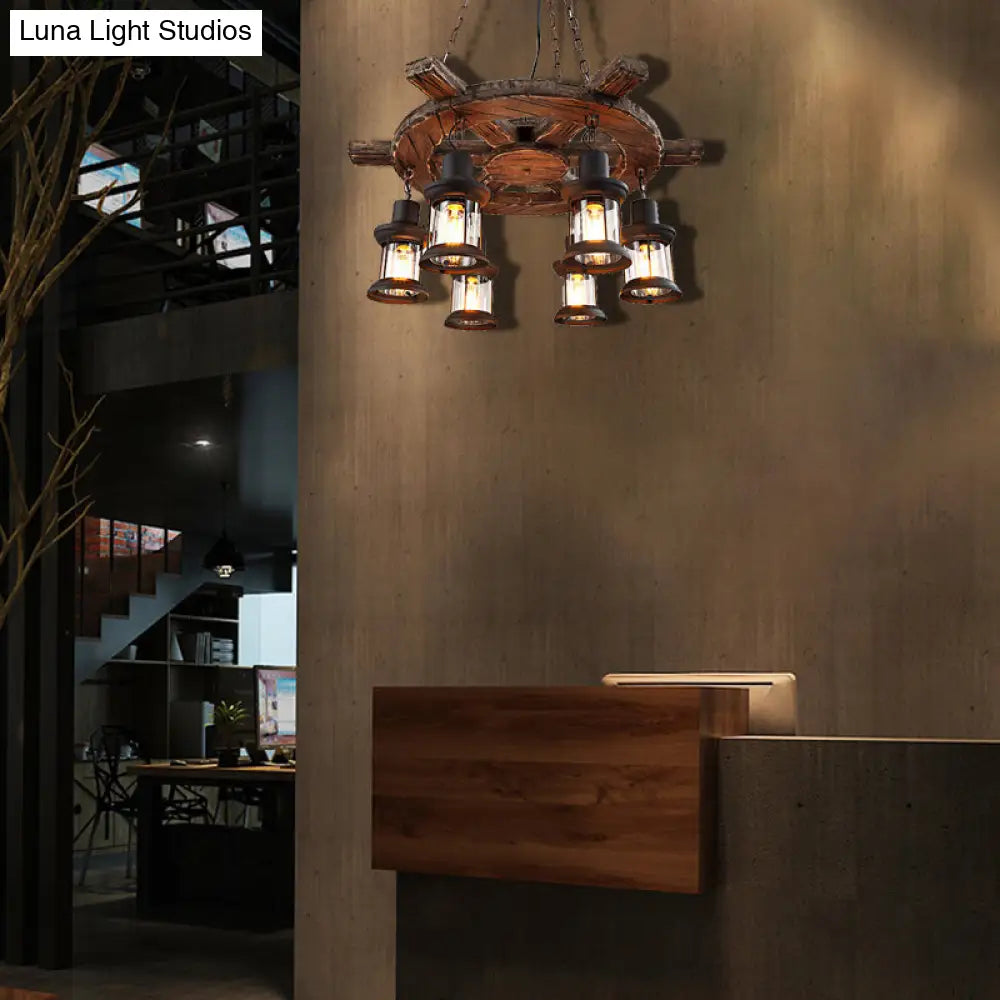 Coastal Metal Lantern Restaurant Chandelier - 6-Light Black Pendant Lamp with Wooden Rudder Decoration