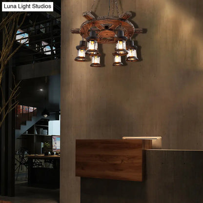 Coastal Metal Lantern Restaurant Chandelier - 6-Light Black Pendant Lamp with Wooden Rudder Decoration