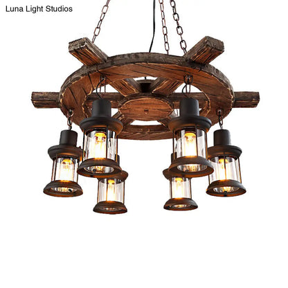 Coastal Metal Lantern Restaurant Chandelier - 6-Light Black Pendant Lamp with Wooden Rudder Decoration