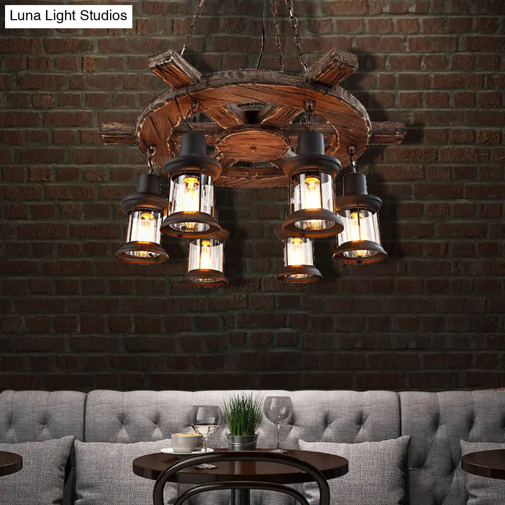 Coastal Metal Lantern Restaurant Chandelier - 6-Light Black Pendant Lamp with Wooden Rudder Decoration