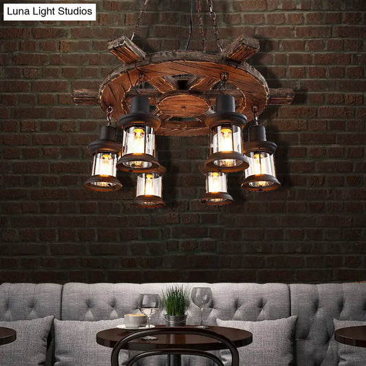 Coastal Metal Lantern Restaurant Chandelier - 6-Light Black Pendant Lamp with Wooden Rudder Decoration