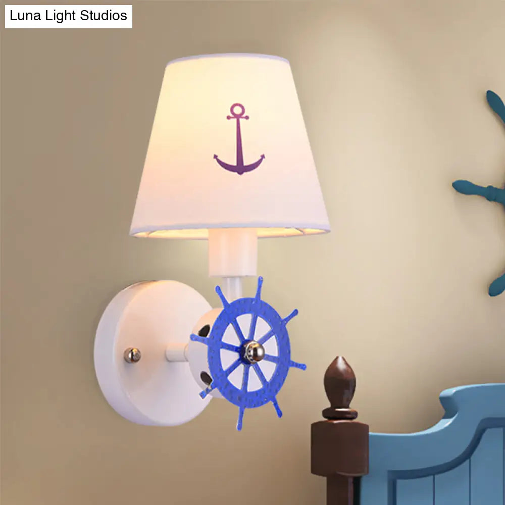Coastal Metallic Wall Mounted Sconce with Wheel Rudder Design, White-Blue Fixture & Fabric Shade