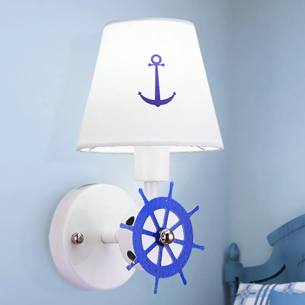 Coastal Metallic Wall Mounted Sconce with Wheel Rudder Design, White-Blue Fixture & Fabric Shade