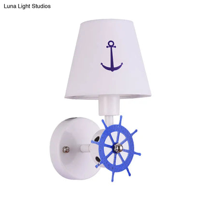 Coastal Metallic Wall Mounted Sconce with Wheel Rudder Design, White-Blue Fixture & Fabric Shade