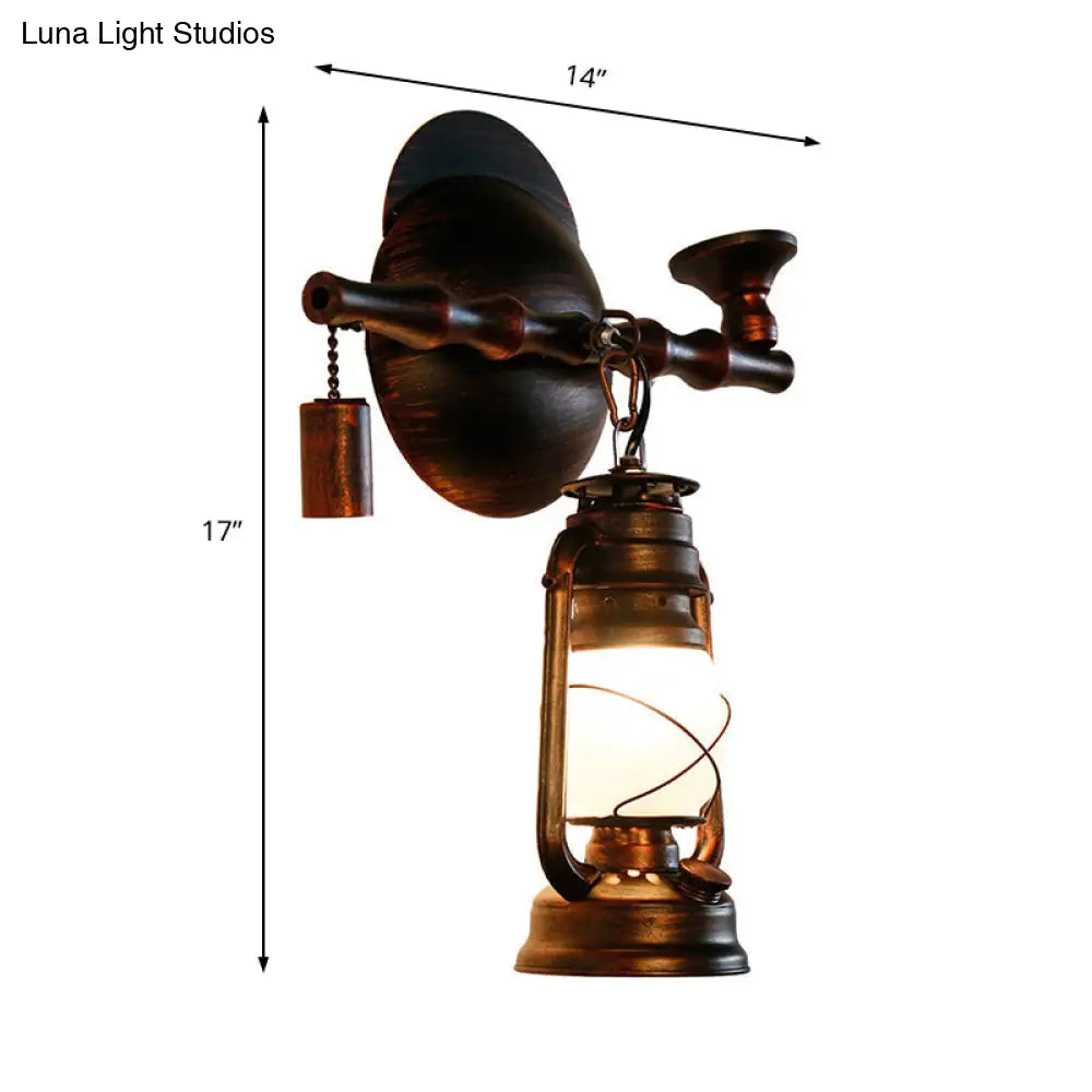 Coastal Opal Glass Lantern Wall Sconce: Antique Copper 1-Light Fixture with Pipe - Dining Room Lighting