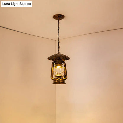 Coastal Restaurant 1-Head Metal Pendant Lamp with Clear Kerosene Glass Shade in Brass/Copper