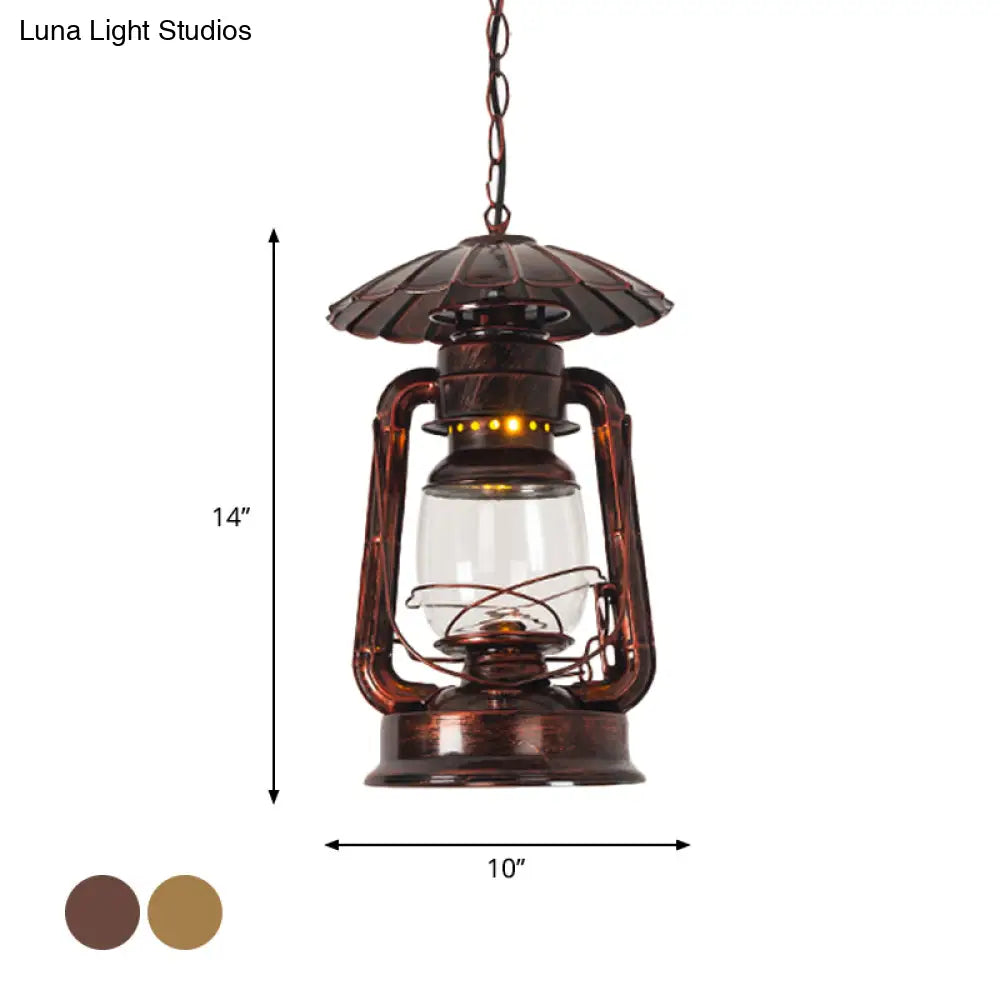 Coastal Restaurant 1-Head Metal Pendant Lamp with Clear Kerosene Glass Shade in Brass/Copper