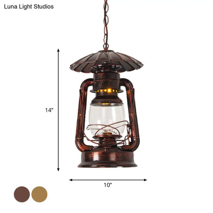 Coastal Restaurant 1-Head Metal Pendant Lamp with Clear Kerosene Glass Shade in Brass/Copper