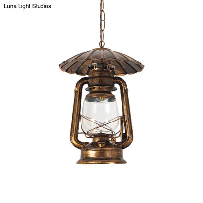 Coastal Restaurant 1-Head Metal Pendant Lamp with Clear Kerosene Glass Shade in Brass/Copper